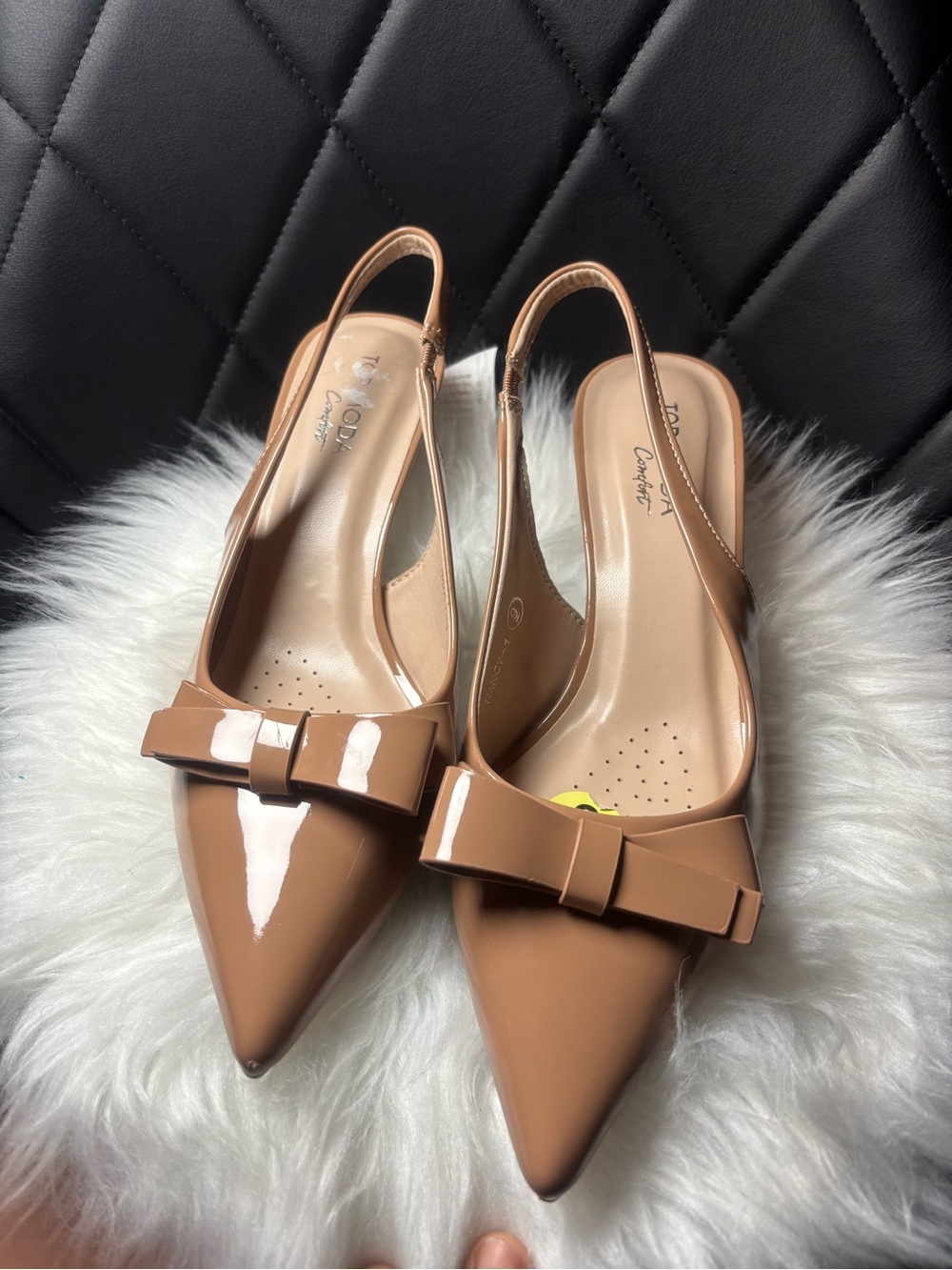 Patent Pointed-Toe Slingback Mules with Bow in Camel Taupe